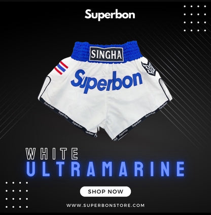 Superbon Muay Thai Shorts White - Ultramarine